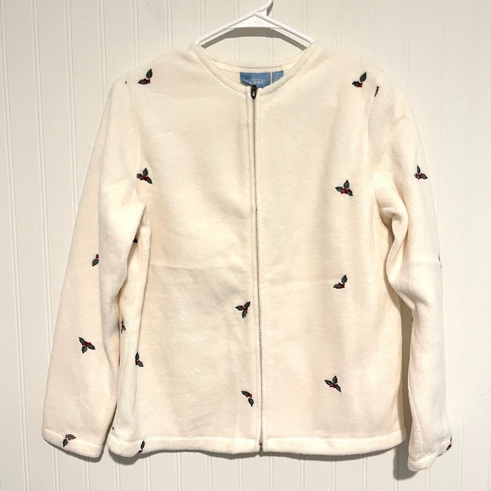 Croft & Barrow Sport Fleece Jacket Women S Ivory Holly Embroidered Zip Holiday